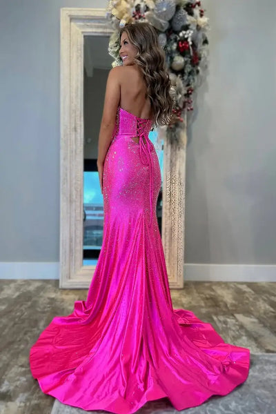 Sparkly Mermaid Sweetheart Hot Pink Satin Long Prom Dresses with Hot Stone Beading VK25032701