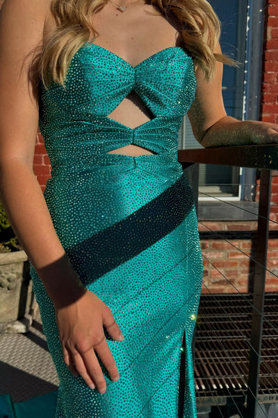 Sparkly Mermaid V Neck Daffodial Satin Slit Prom Dress with Beading