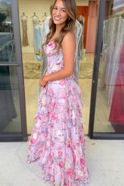 Pink A Line Sweetheart Floral Chiffon Tiered Long Prom Dress VK161906