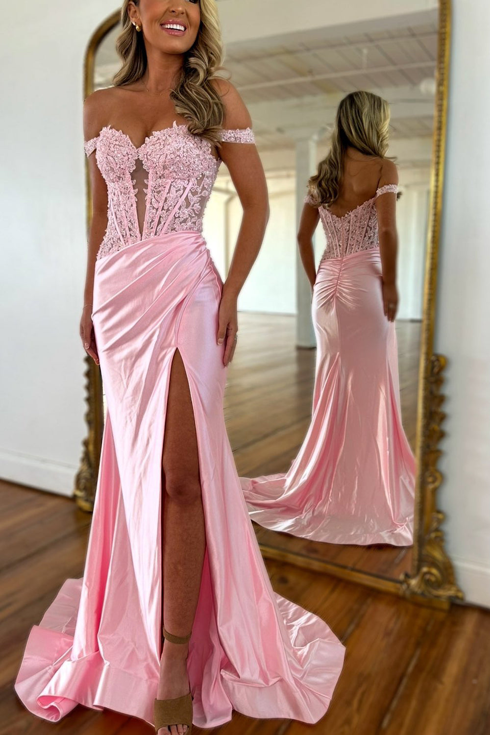 Mermaid Off the Shoulder Satin Slit Prom Dresses with Appliques VK25111906