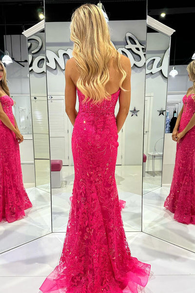 Fuchsia Sweetheart Tulle Lace Long Prom Dresses with Appliques VK24020404