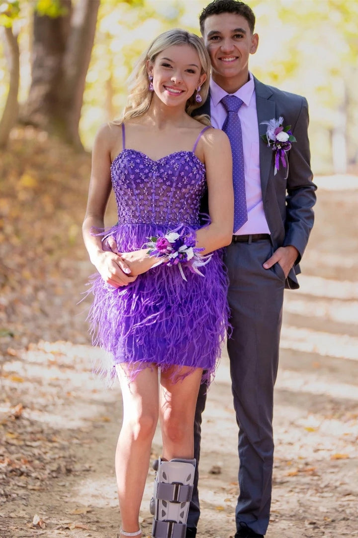 Sweetheart Spaghetti Straps Beaded Purple Feather Short Homecoming Dress VK23082201