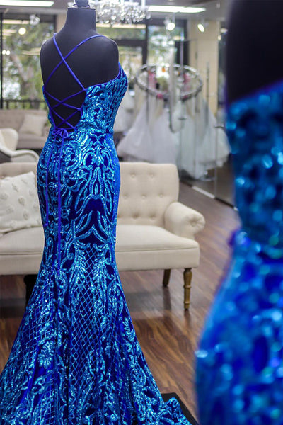 Royal Blue Scoop Neck Cross Back Sequin Lace Mermaid Long Prom Dresses VK23100603