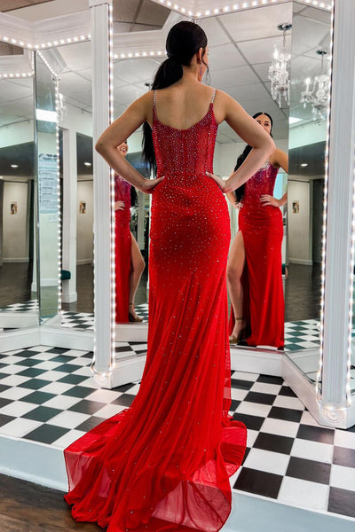 Red Scoop Neck Beaded Mermaid Long Prom Dresses VK24012202