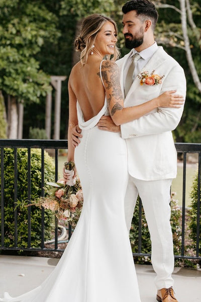 Elegant Mermaid V Neck Elastic Satin Long Wedding Dress VK25052701