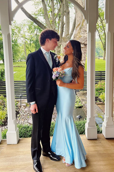 Charming Mermaid V Neck Light Blue Elastic Satin Long Prom Gown VK25060208