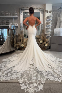 Bohemian Mermaid V Neck Satin Long Wedding Dresses with Appliques VK25051002