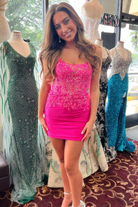 Hot Pink Sequin Lace Backless Fitted Homecoming Dress VK23070604