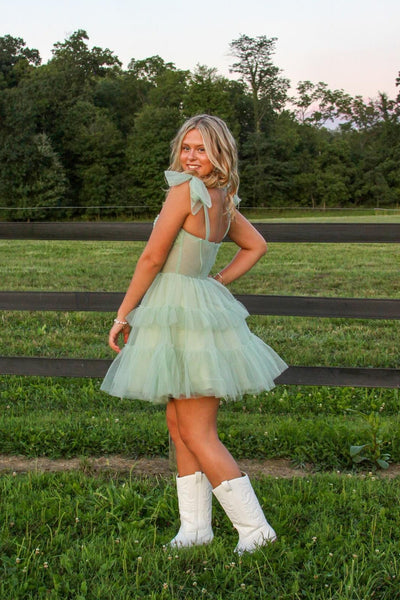 Bow Tie Mint Green Ruffle Tiered Short Dress