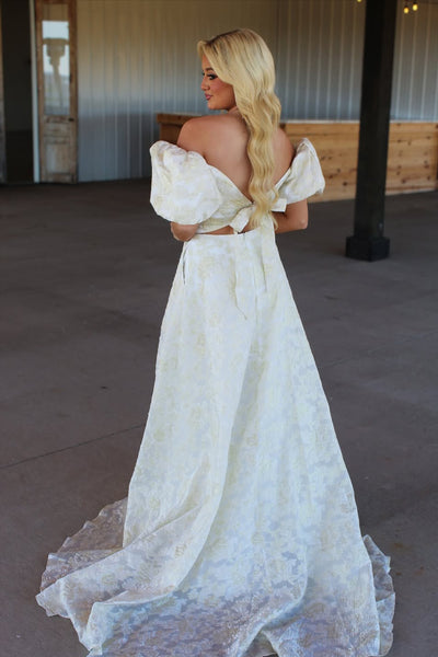 A-Line Off the Shoulder Yellow Floral Lace Appliques Long Prom Dresses with Slit VK26011007