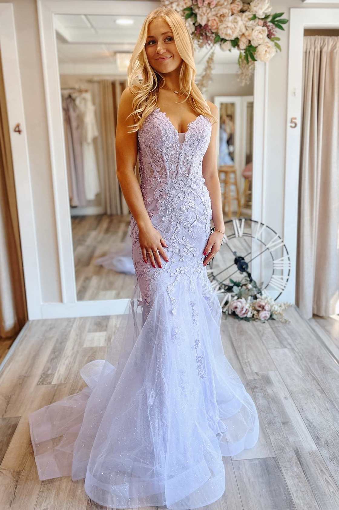 Charming Mermaid V Neck Lilac Lace Glitter Tulle Long Prom Dresses VK23103101