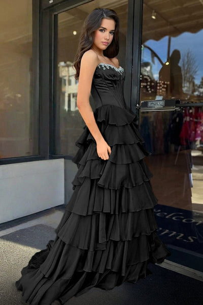 Charming A-Line Strapless Green Chiffon Tiered Long Prom Dresses with Slit VK26010602