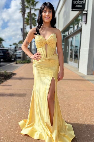 Mermaid Sweetheart Yellow Satin Long Prom Dress with Slit VK26022806