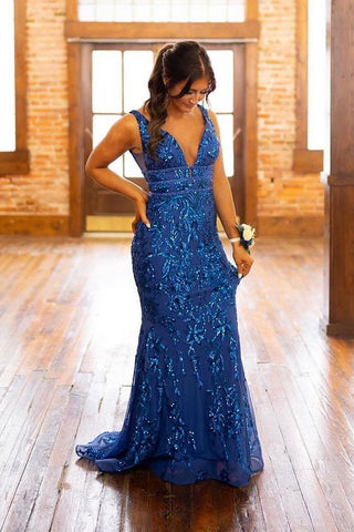 Blue V Neck Sequins Mermaid Long Prom Dresses VK24041403