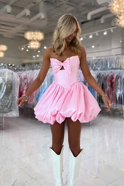 Cute A Line Strapless Pink Satin Homecoming Dress with Bow VK26061510