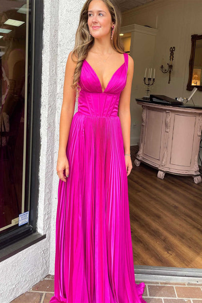 A-Line V-Neck Fuchsia Pleated Long Prom Dress VK23110305