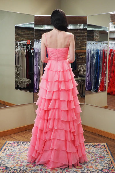 Cute A Line Sweetheart Pink Chiffon Tiered Long Prom Dress VK26010107