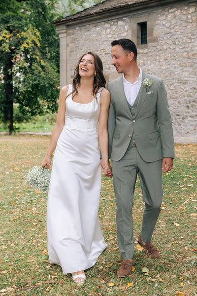 Simple Mermaid Square Neck White Satin Floor Length Wedding Dresses VK25092310