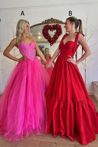Pink Strapless Tulle A-Line Long Prom Dresses VK24022603
