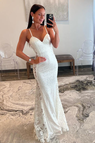White V Neck Sequin Mermaid Long Prom Dresses with Appliques VK24010606