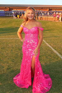 Charming Mermaid Sweetheart Hot Pink Sequins Lace Long Prom Dresses VK2401005