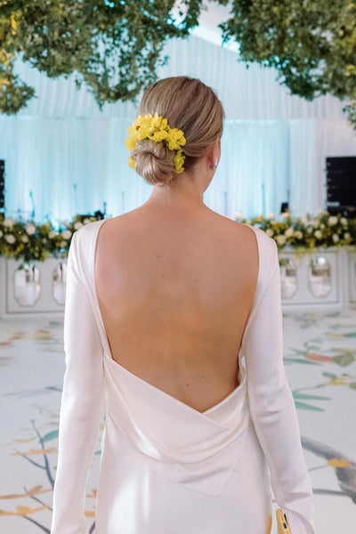 Sheath Backless Long Sleeves White Soft Satin Wedding Dresses VK23112307