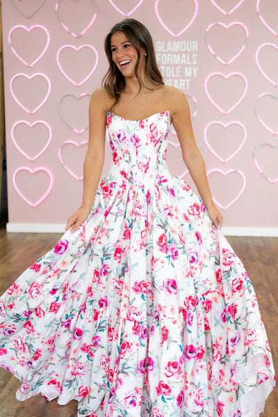 Pretty A-Line Strapless Floral Printed Satin Long Prom Dresses VK26020602