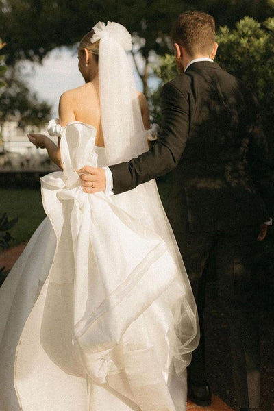 A-Line Satin Off the Shoulder Wedding Dresses with Pockets VK23111603