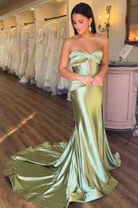 Sage Green Satin Strapless Mermaid Long Prom Dresses VK23112305