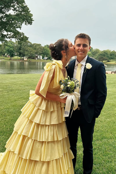 Cute Ball Gown V Neck Yellow Satin Tiered Long Prom Dress VK25053103