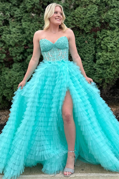 A-Line Yellow Appliques Sweetheart Ruffle Tiered Tulle Prom Dress VK23112112