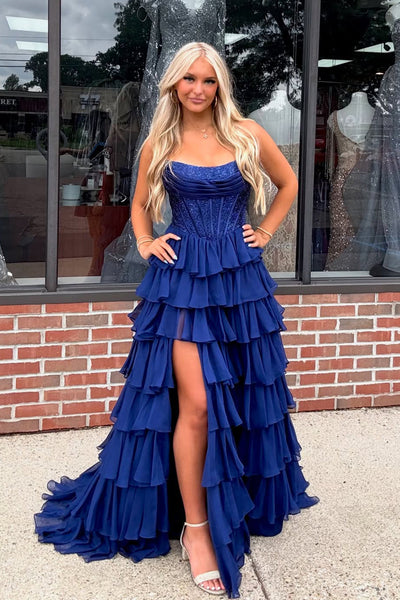 Gorgeous A Line Scoop Neck Royal Blue Tiered Chiffon Prom Dress with Slit VK162005