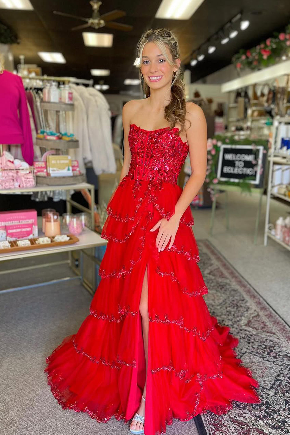 Cute A Line Strapless Red Tulle Tiered Prom Dresses with Appliques VK24120312
