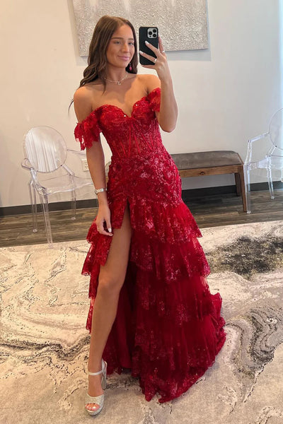 Red A-Line Off the Shoulder Sparkly Tulle Long Prom Dresses with Slit VK23091009