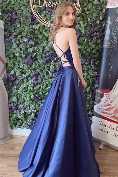 Navy Blue Satin Lace-Up Back A-Line Prom Dress VK23092602