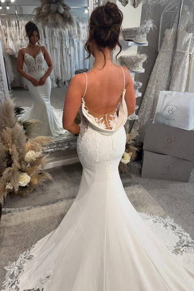 Bohemian Mermaid V Neck Satin Long Wedding Dresses with Appliques VK25051002