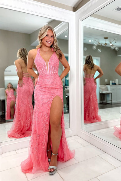 Cute Mermiad V Neck Hot Pink Lace Slit Prom Dress