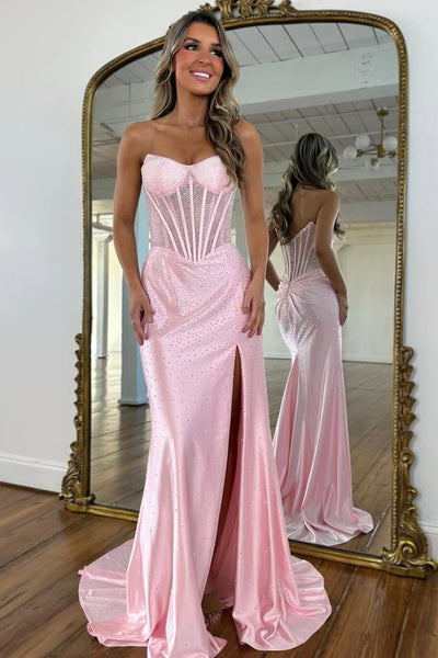 Gorgeous Mermaid Scoop Neck Hof Fix Satin Prom Dress with Slit VK16020606
