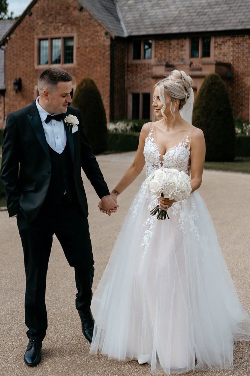 Fairy A Line V Neck Tulle Wedding Dresses with Appliques VK25051401