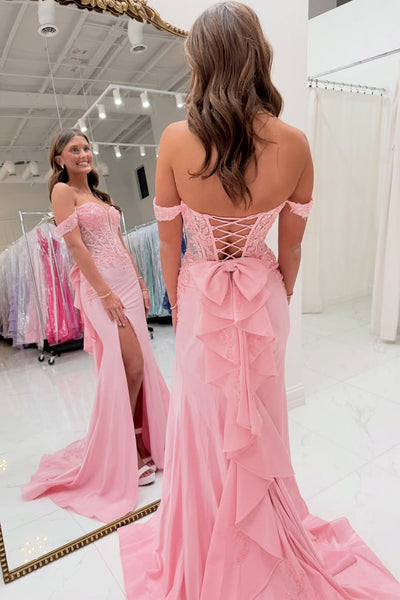 Mermaid Off the Shoulder Pink Ruffles Long Prom Dress with Slit VK26022808
