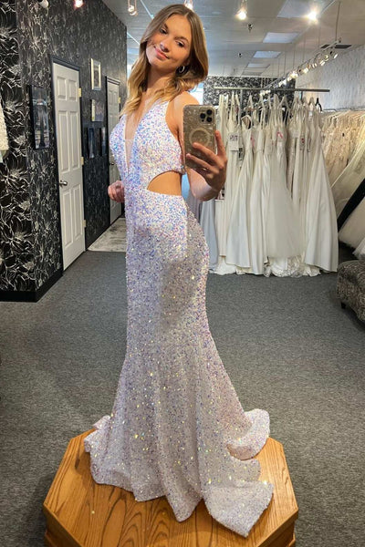 Light Blue Iridescent Sequin Halter Cutout Mermaid Long Prom Gown VK23122310