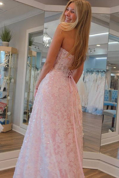 Cute A-Line Pink Flowers Lace Long Prom Dresses VK24012903