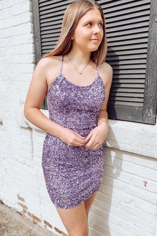 Cute Bodycon Scoop Neck Lavender Sequins Short Homecoming Dresses VK23060706