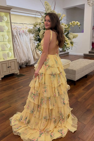 Sweet A Line Square Neck Yellow Floral Chiffon Long Prom Dress with Slit VK26030809