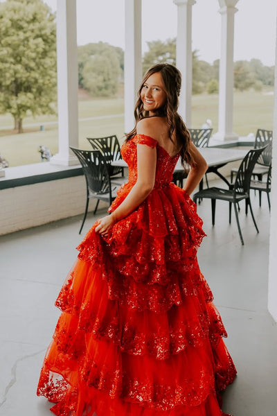 Cute A Line Sweetheart Red Tiered Long Prom Dress with Appliques VK25052512