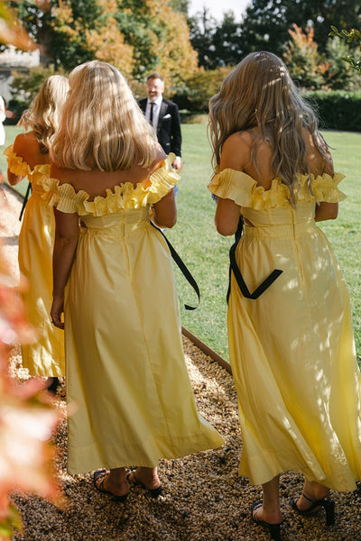 Yellow Off the Shoulder Ruffle Satin Ankle Length Bridesmaid Dresses VK24040302