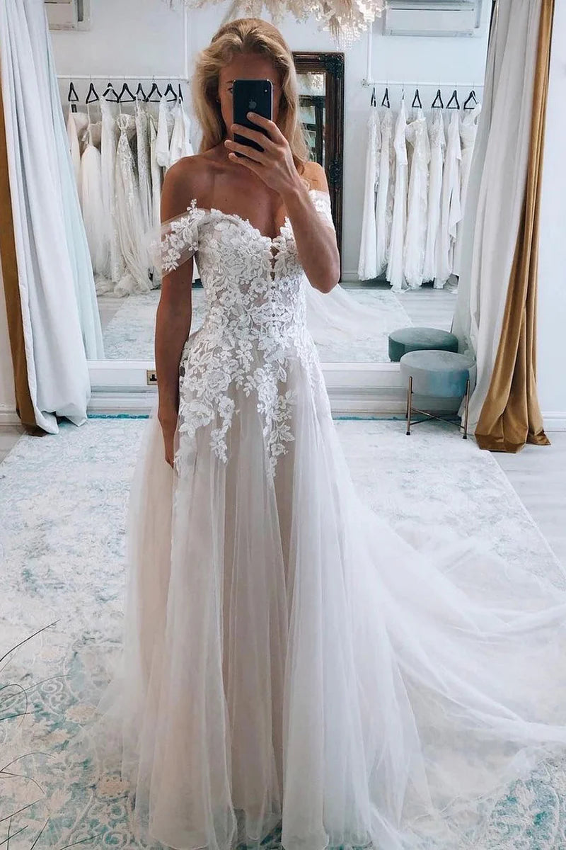 Bohemian A Line Off the Shoulder Tulle Wedding Dresses VK24110704