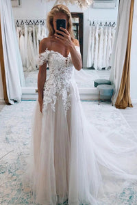 Bohemian A Line Off the Shoulder Tulle Wedding Dresses VK24110704
