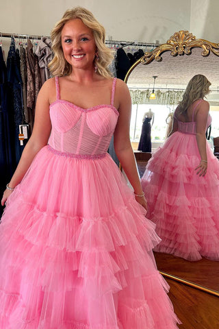 Pink Ruffle Tiered Tulle Sweetheart Long Prom Dresses with Beading VK24051004
