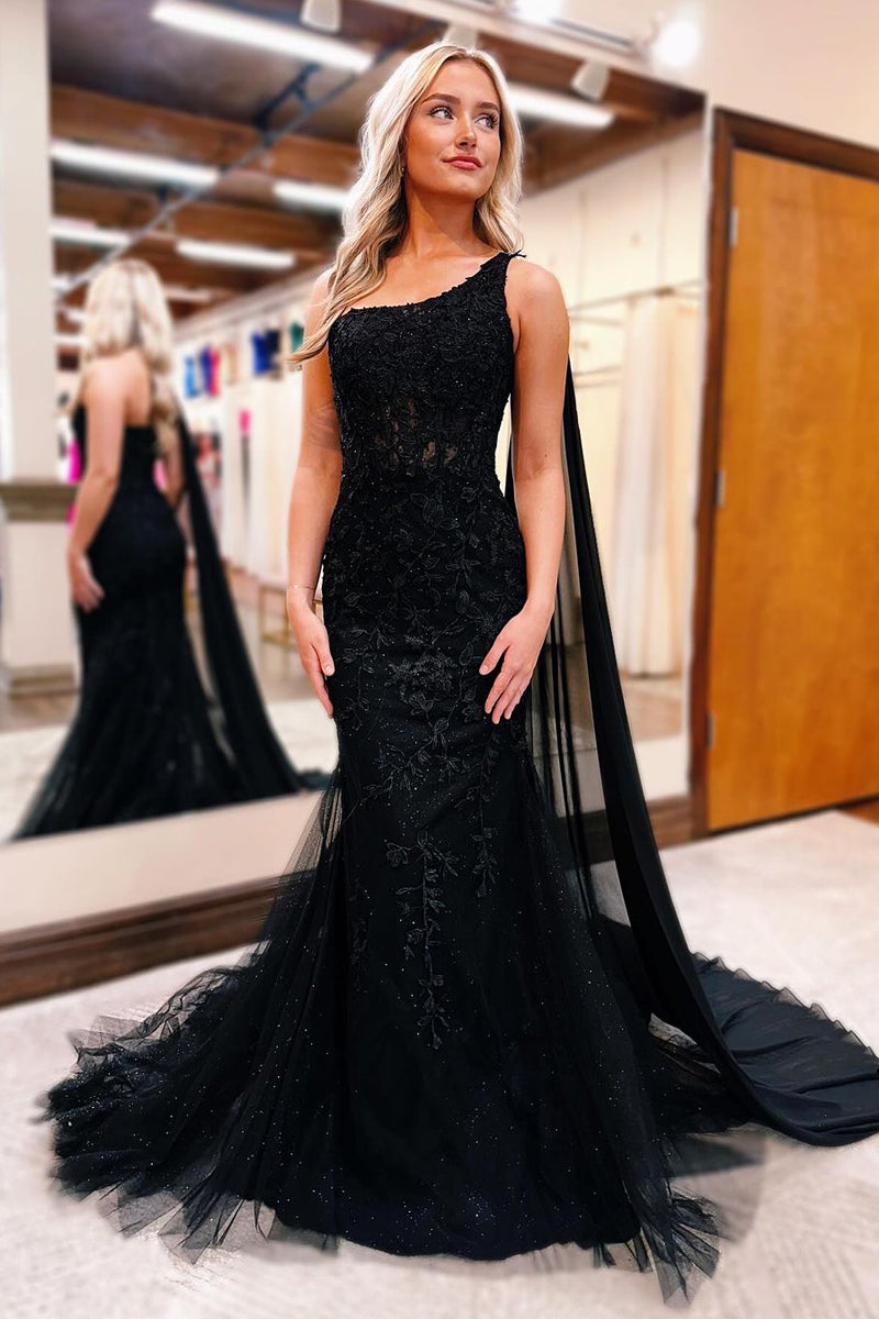 Black One Shoulder Appliques Mermaid Long Prom Dresses VK24031005